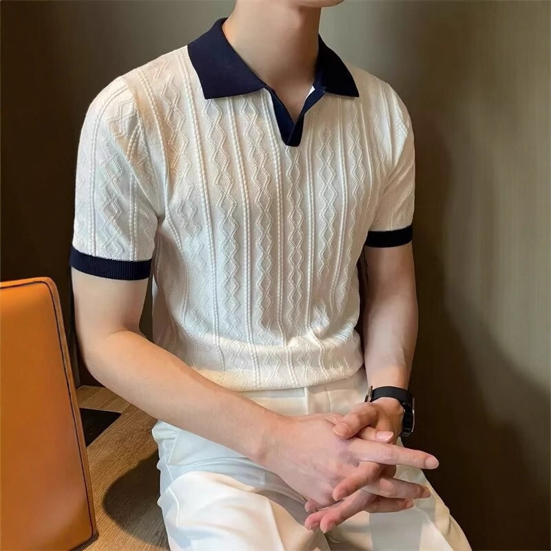 Summer Ice Silk Breathable Jacquard Lapel Short-Sleeved Knitwear Men's Korean Style Trendy Slim Fit Versatile Casual T-Shirt Top Summer Ice Silk Breathable Jacquard Lapel Short-Sleeved Knitwear Men's Korean Style Trendy Slim Fit Versatile Casual T-Shirt Top