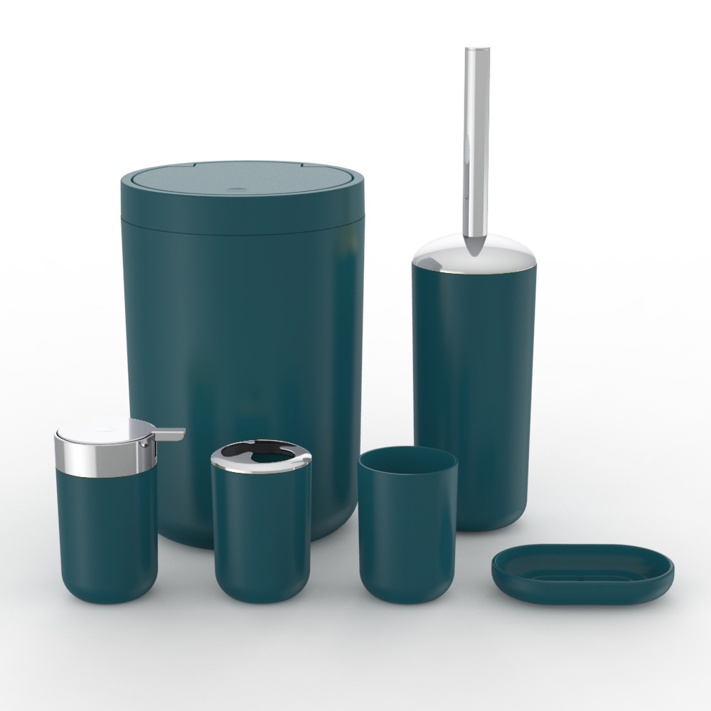 Plástico de color sólido plateado seis piezas conjunto de cepillo de dientes caja de jabón cepillo de inodoro almacenamiento baño conjunto de lavado