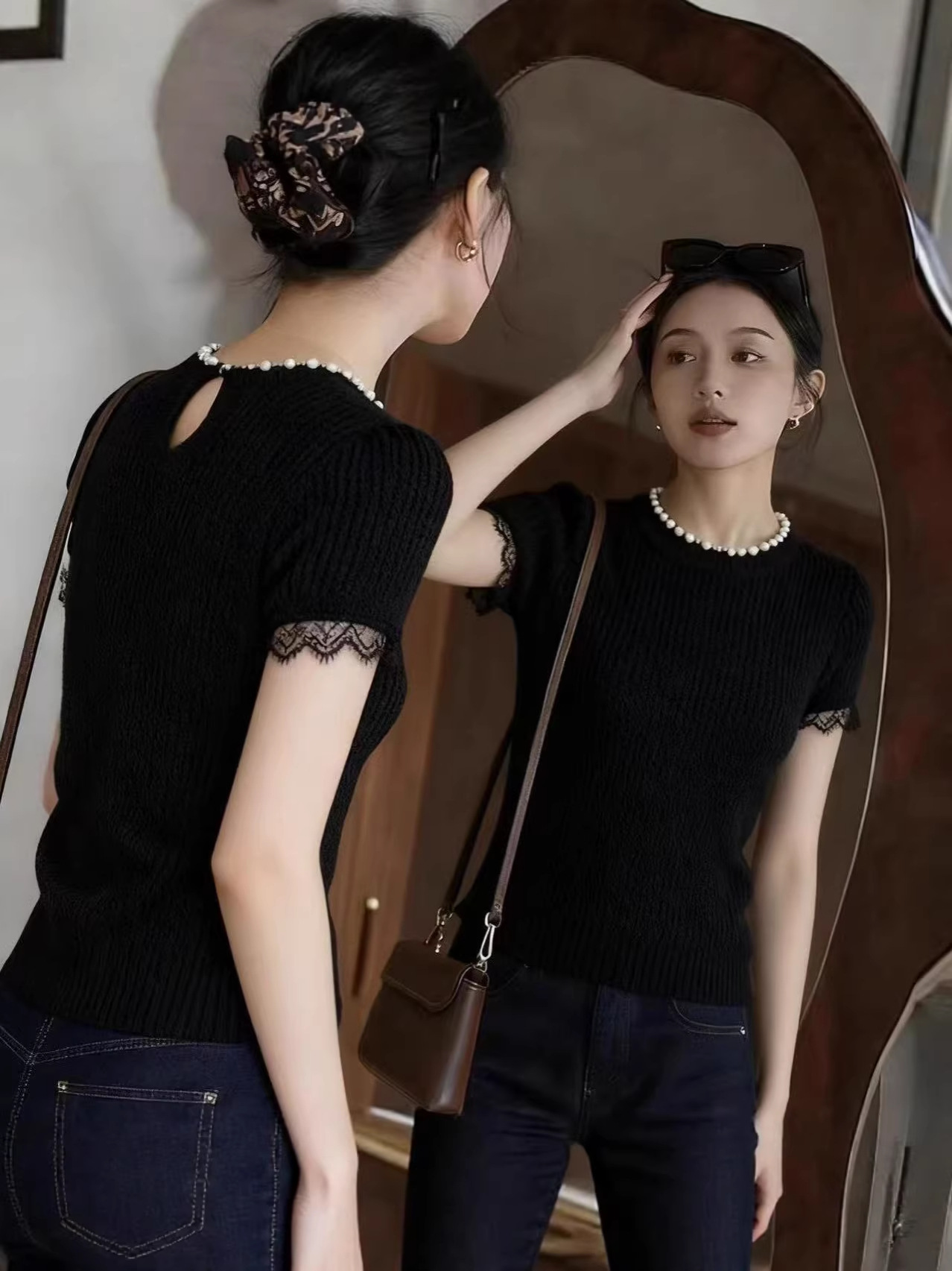 Áo thun nữ tay ngắn cổ ngọc trai ren viền, kiểu dáng thon gọn mùa hè — màu đen