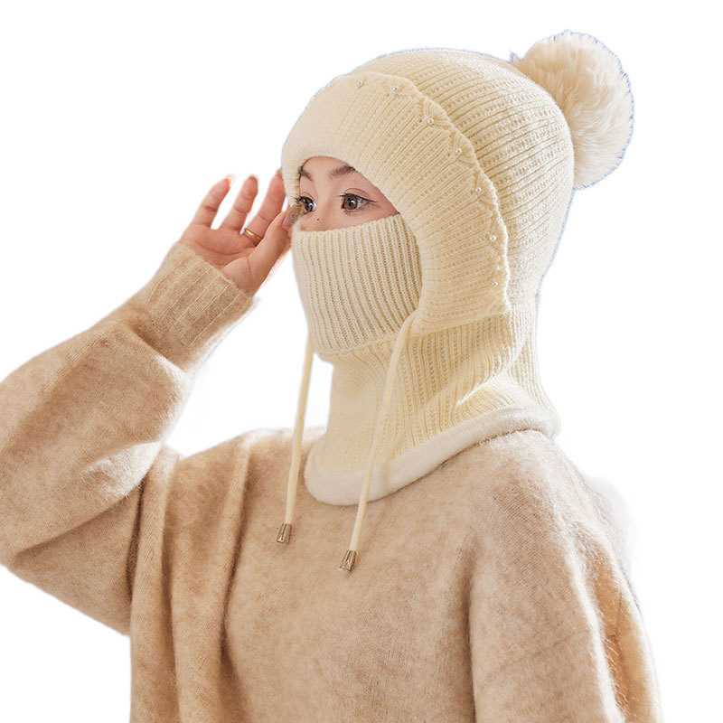 珍珠加绒厚连体帽子女士冬季围脖一体口罩帽户外防风寒保暖骑车帽|undefined