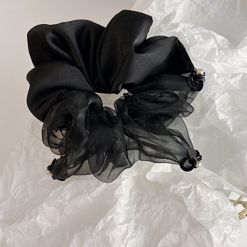 Korean Black Satin Sequins Pearl Hair Scrunchies display picture 1