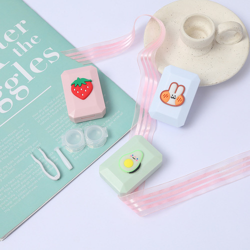 Square cartoon myopia contact lens box, cute double box, contact lens storage companion box, mini portable care box