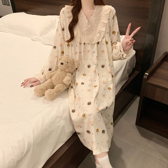 2025 pijama de otoño mujer delgado tejido pijama nubes de algodón de encaje dulce princesa vestido de vestir al por mayor