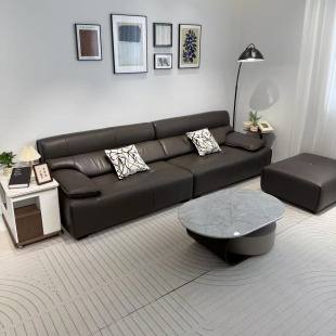 Simple and Luxurious Full Genuine Leather Art Sofa for Living Room and Hotel, First Layer Cowhide Black Leisure Sofa, Straight Row with Footrest, Environmentally Friendly