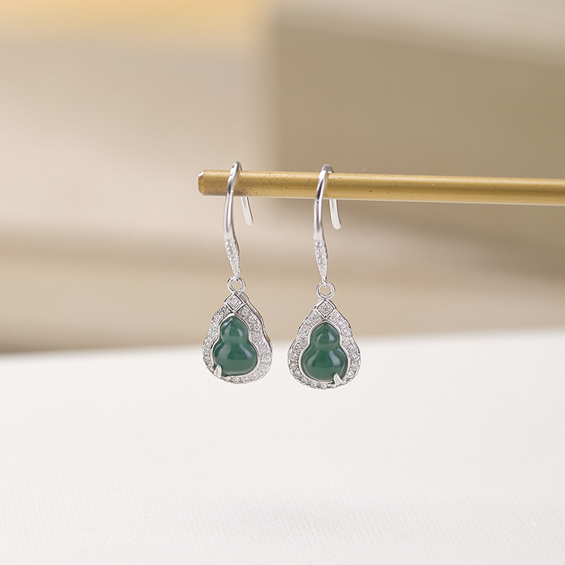 Bông tai móc bạc S925 hình bầu fulu lá tre phong cách Trung Hoa — Một cặp
