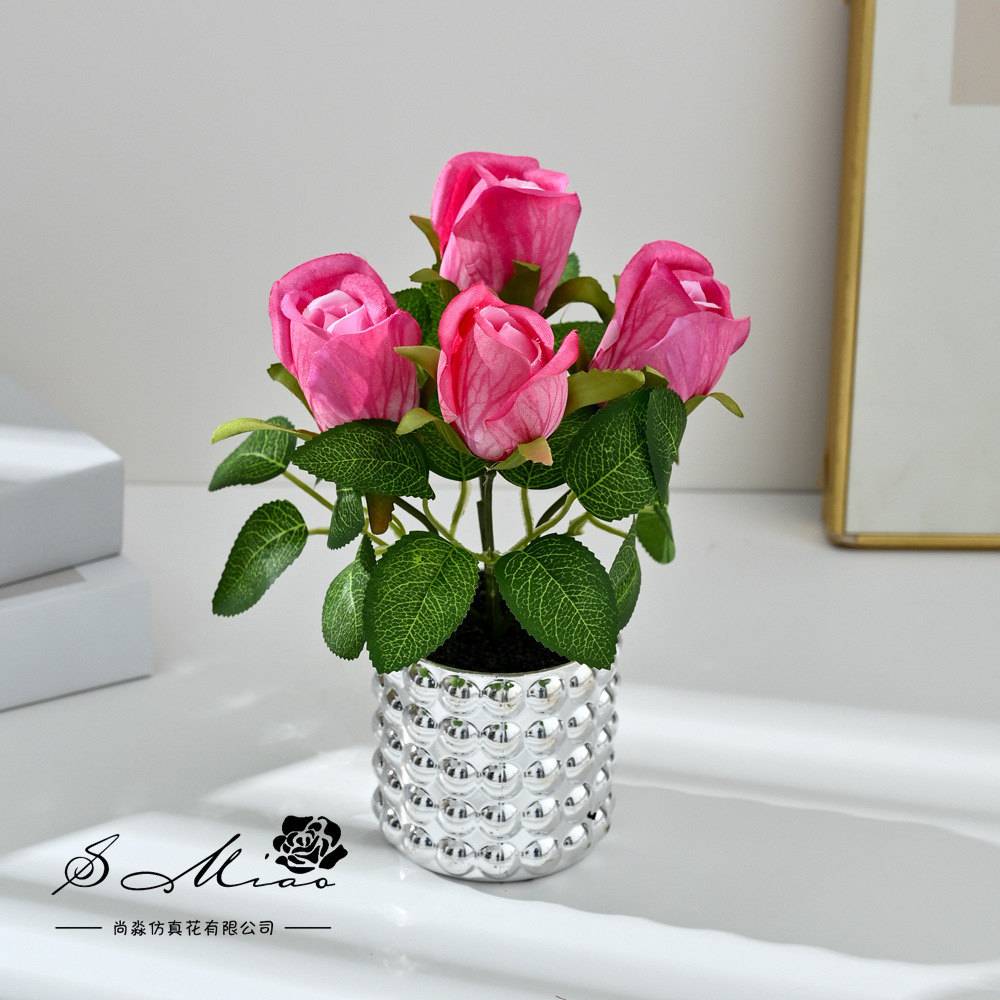 Transfronterizos de 4 cabezas de flores falsas de bonsai moda imitación de maceta decoración del hogar fotografía ornamentos de flores artificiales de boda image 5