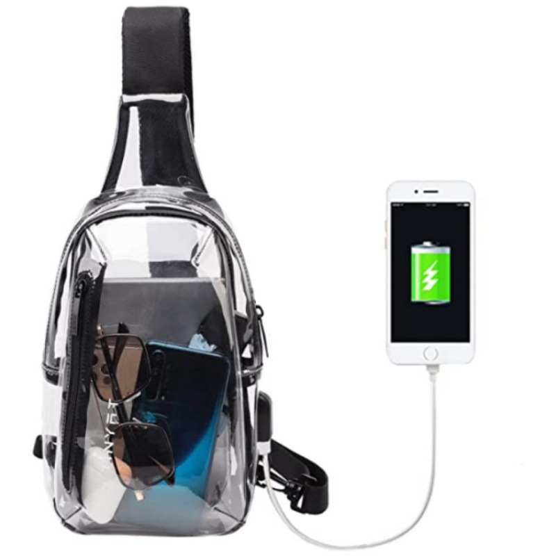 Inventario transfronterizo al por mayor de gran capacidad transparente bolsa de pecho de carga USB transparente para mujeres y hombres bolso de hombro casual