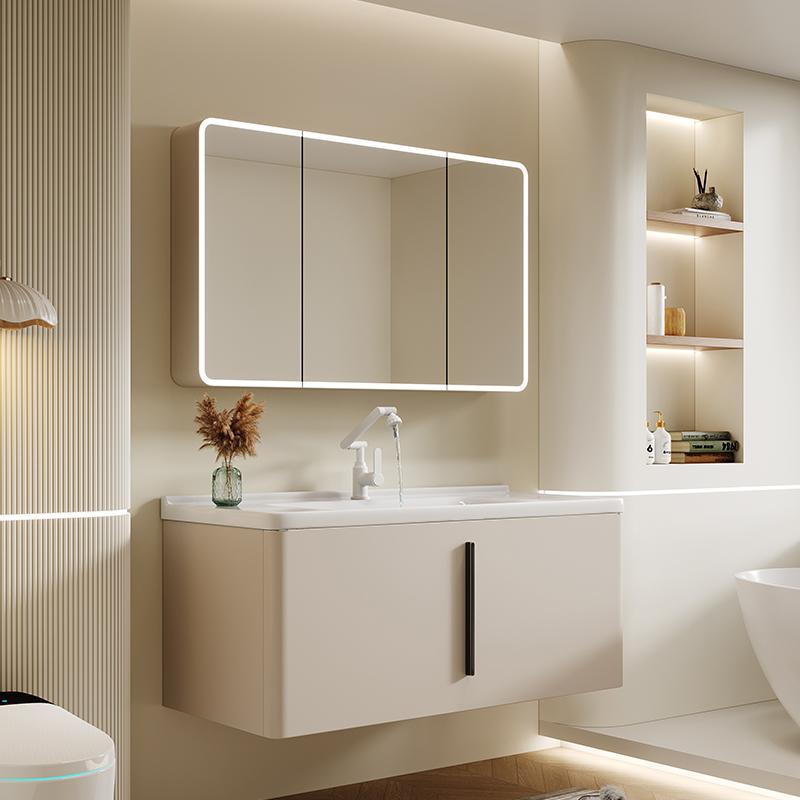 Moderno gabinete de baño de acero inoxidable simple combinación de cerámica en una bañera lavabo