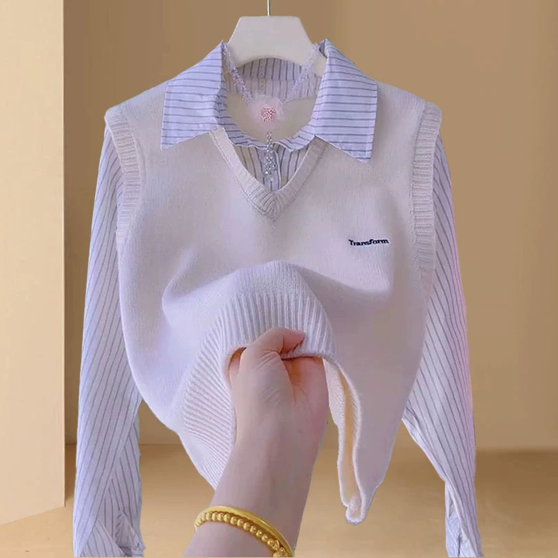 Поддельная трикотажная рубашка из двух частей женской весны и осени новый стиль колледжа в полоску жилет сшитый дикий короткий топ