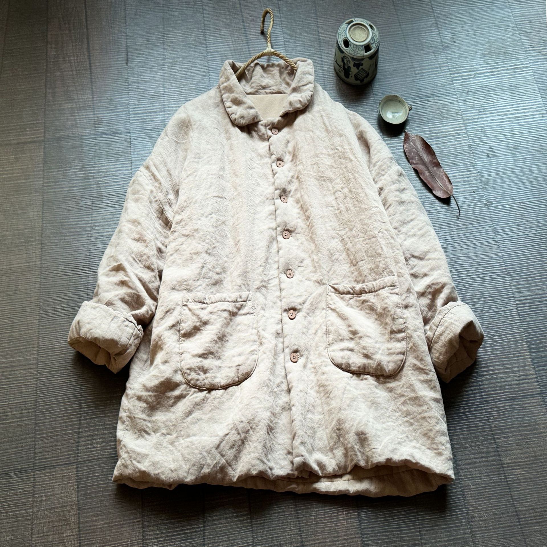 4389高品质砂洗亚麻女装棉衣文艺复古宽松亚麻棉服中长款夹棉小袄