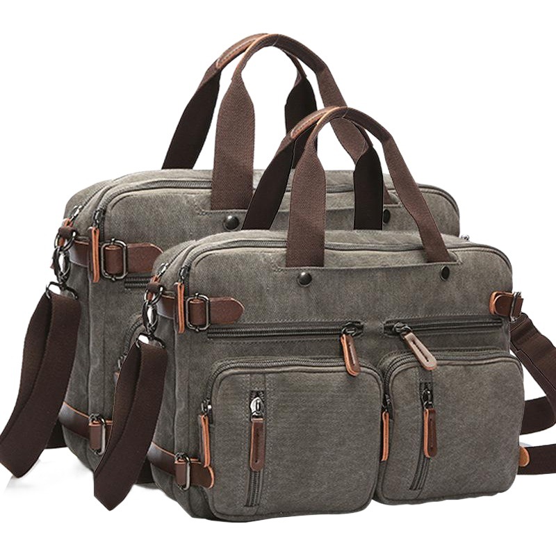 Cross-Border Canvas Briefcase, Hand-Held, Cross-Body, and Backpack Three-In-One Bag, Large Size, Can Hold a 17inch Inch Laptop
