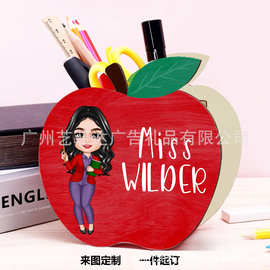 跨境木质笔筒 学生卡通桌面苹果铅笔筒 diy图片彩印木制创意笔筒