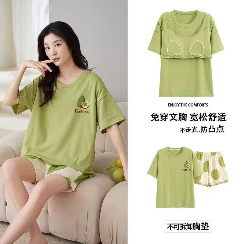 Pijama de mujer 2025 nuevo tamaño grande de verano con cojín de pecho de manga corta pantalones cortos impresos ropa casera delgada