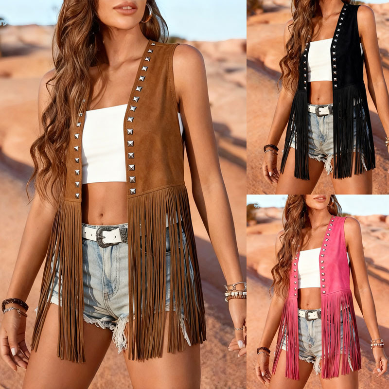2026 Cross-Border New Women's Summer Diamond Jacket Women's Vest European and American Sleeveless Retro Style Studded Tassel Vest