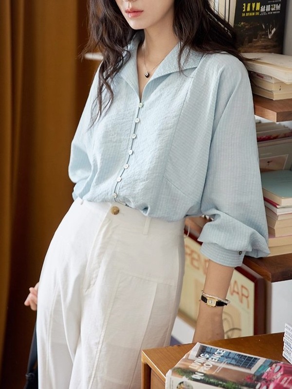 Moriirose 蓝绿条纹翻领排扣长袖衬衫女秋季法式复古气质通勤上衣|undefined