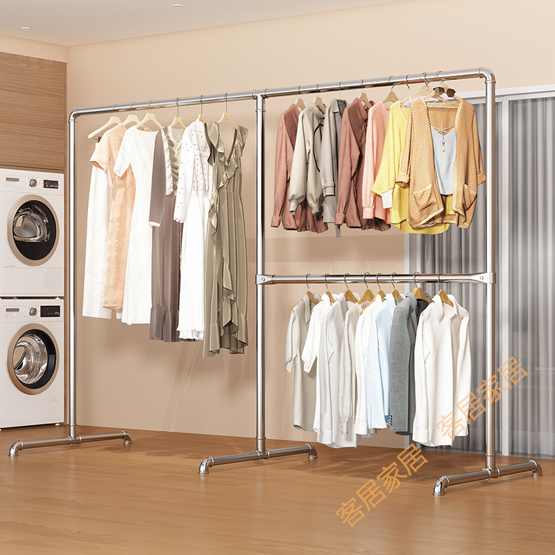 Double-layer simple thickened galvanized steel pipe clothes rack, freestanding for balcony, bedroom, indoor use, single-rod clothes drying rack Double-layer simple thickened galvanized steel pipe clothes rack, freestanding for balcony, bedroom, indoor use, single-rod clothes drying rack