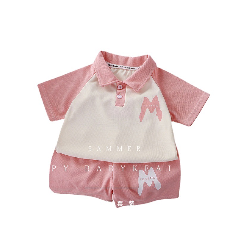 Traje de camisa de polo para niños nuevo estilo coreano color a juego de verano Pantalones cortos de manga corta solapa niños y niñas deportes casuales conjunto