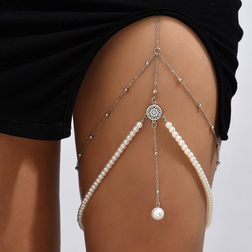 European and American exaggerated simple multi-layered pearl chain leg chain for women ins creative personality long body chain jewelry wholesale