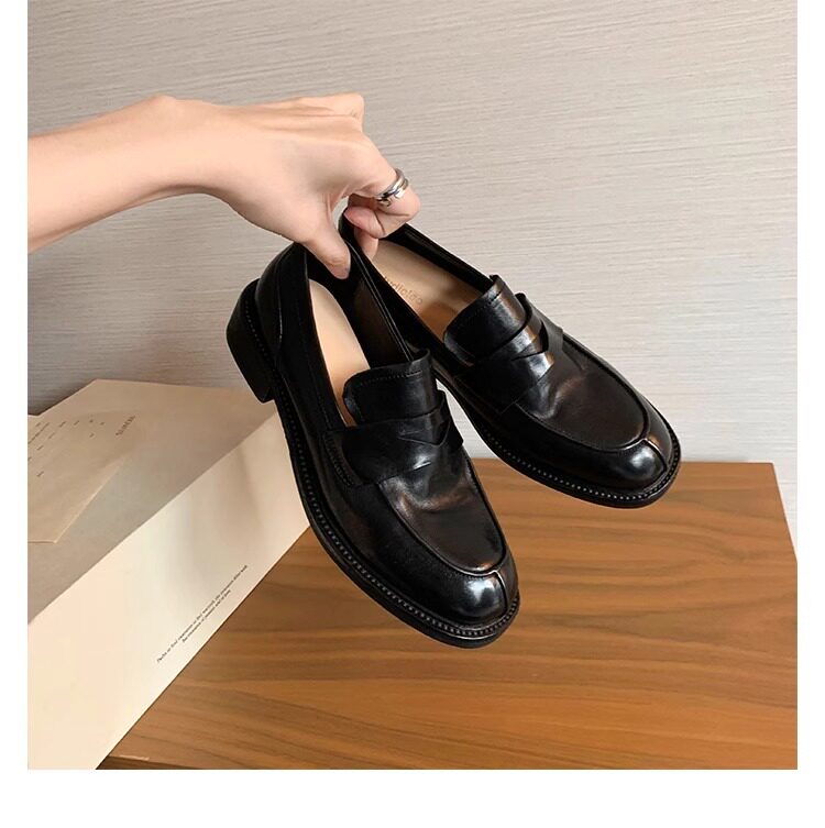 Giày lười nữ da bò mũi tròn gót vừa 3–5 cm — Điểm đen, Đốm nâu cổ điển chi tiết 40
