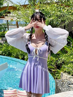 4色】2024新款日韩少女系蝴蝶结连体泳衣女保守遮肚温泉裙式泳装