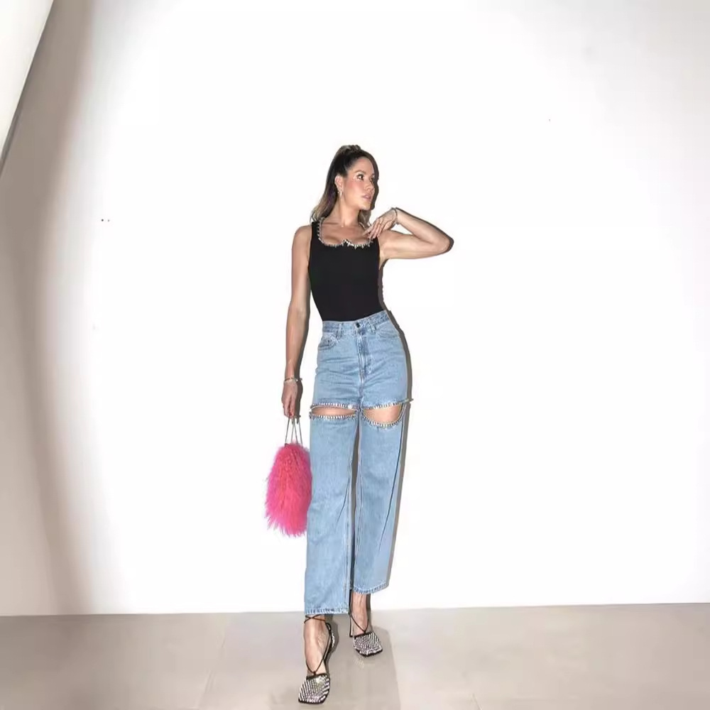 Women's Clothing Blue Ripped Straight Spring And Summer Jeans_voghion.com