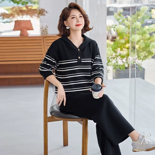 中年妈妈秋装连帽针织衫卫衣中老年女装减龄运动服两件套装50多岁