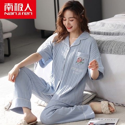 100% pijamas pantalones de algodón de manga corta de verano para mujer cardigan más el tamaño de algodón suelto ropa de casa de dos piezas