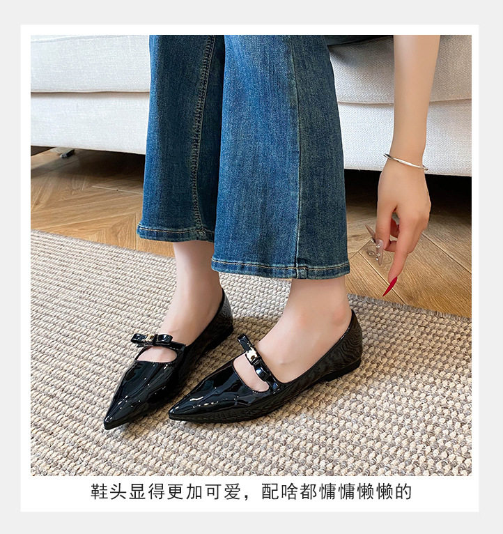 Giày búp bê nữ mũi nhọn khóa vàng nơ nhỏ, đế bằng gót thấp 1–3 cm — Trắng, màu đen chi tiết 11