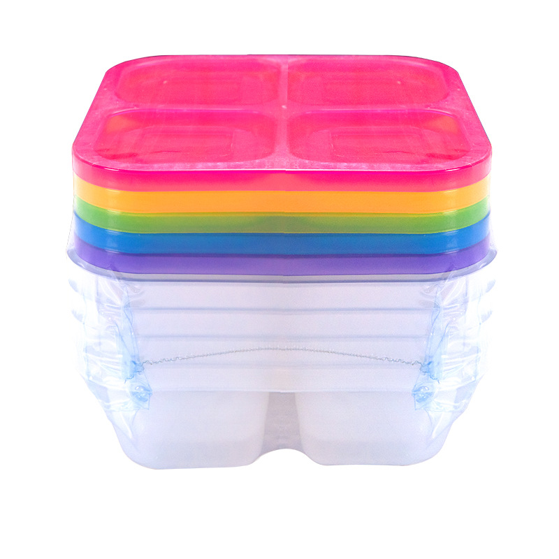 Nueva caja de almuerzo transfronteriza de cuatro rejillas caja de almuerzo para niños de grado alimenticio merienda caja de comida caja de fruta 7 colores