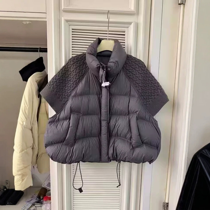 Cross-Border 2026 New Style Knitted Patchwork Stand Collar down Jacket for Women, Short White Duck down Warm Vest Coat Winter Top