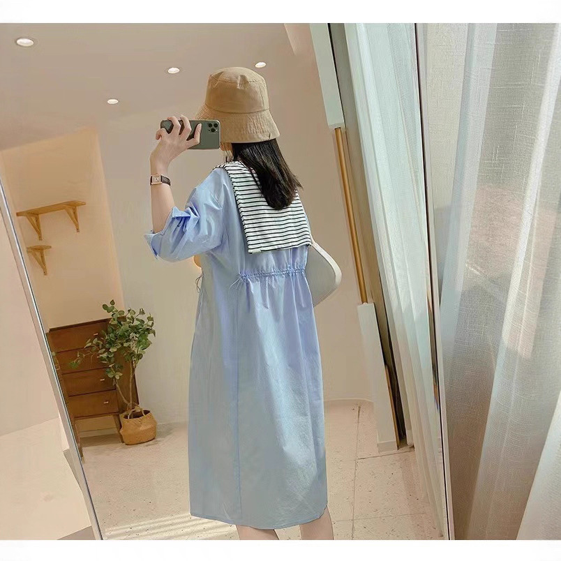 Váy liền áo sơ mi nữ kiểu Pháp cổ điển thiết kế sang trọng mùa hè — Màu xanh lam