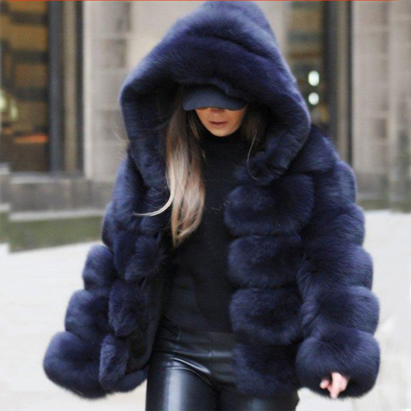 Cross-border explosions autumn and winter New imitation fox fur coat stitching hooded European and American women's warm fur coat