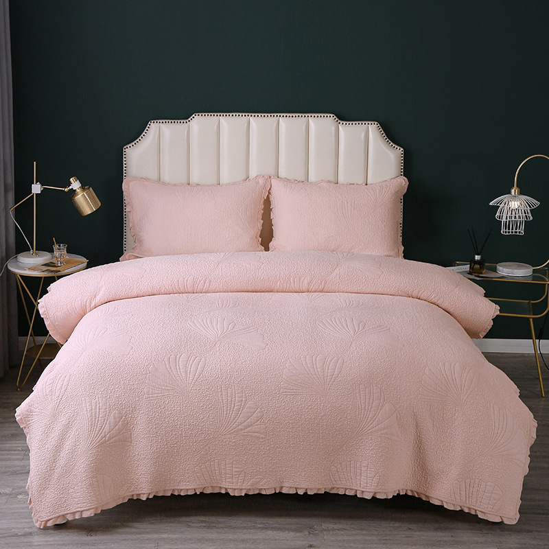 跨境床上用品三件套纯色木耳边绣花被空调被简约纯棉床盖