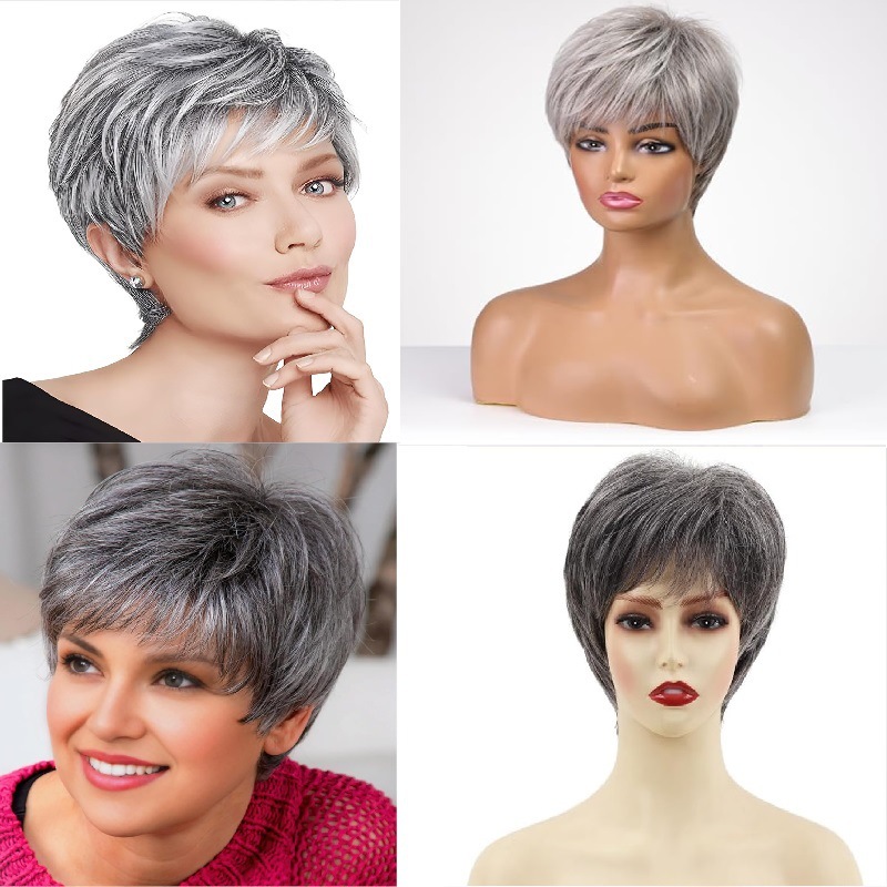 European and American Human Hair Wigs Full Headgear Machine-Made Short Light Gray Cross-Border Foreign Trade Manufacturers Ready for Delivery on the Same Day