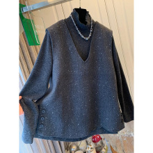 春季高级感法式小香亮片马甲背心半高领打底衫T恤两件套宽松上衣