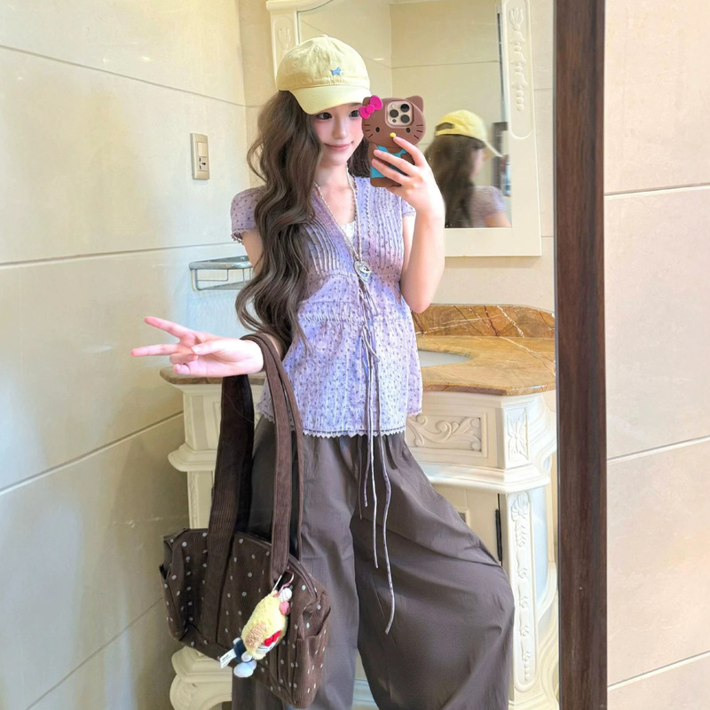 Korean-Style Ins-Style Light Purple Floral Short-Sleeve Top for Women, Summer Lace Trim V-Neck Tie Waist Slimming Shirt