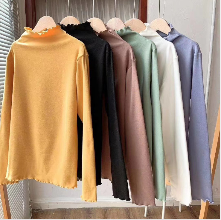 德绒小猫木耳边日记半高领长袖T恤女纯色打底衫内搭上衣秋冬款