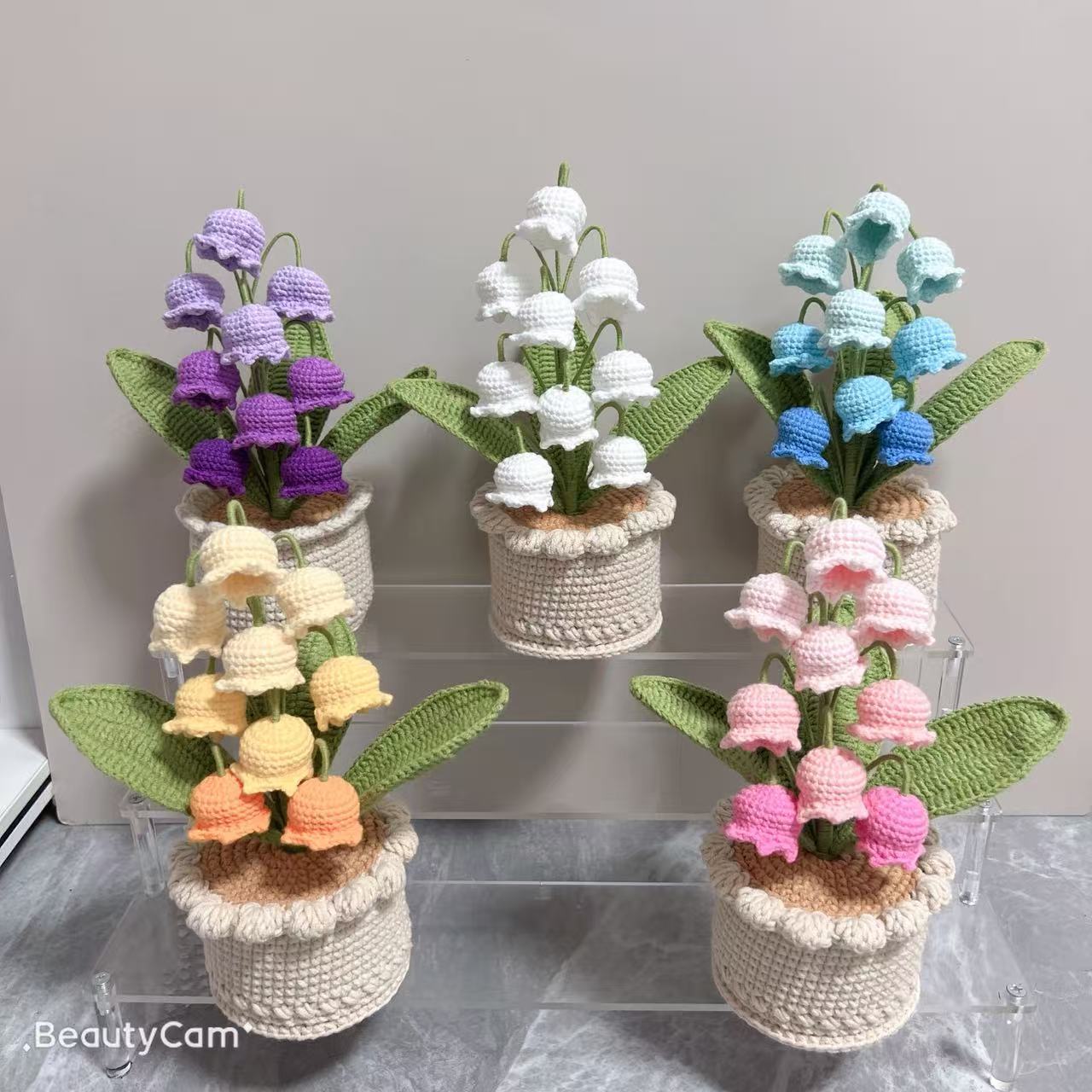 成品跨境手工钩织铃兰油桐郁金香盆栽家居摆件毛线编织仿真花盆景