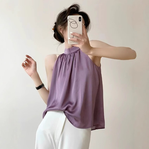 Sleepy Rabbit Neck Gown Sleeveless Backless Bralette for Women Summer French Style Elegant Bodycon Sexy Gentle Short Sleeveless Shoulder Straps Top