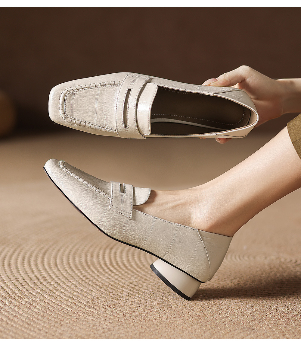 Giày loafer nữ da dê mũi vuông gót thấp cổ điển — đen chi tiết 5