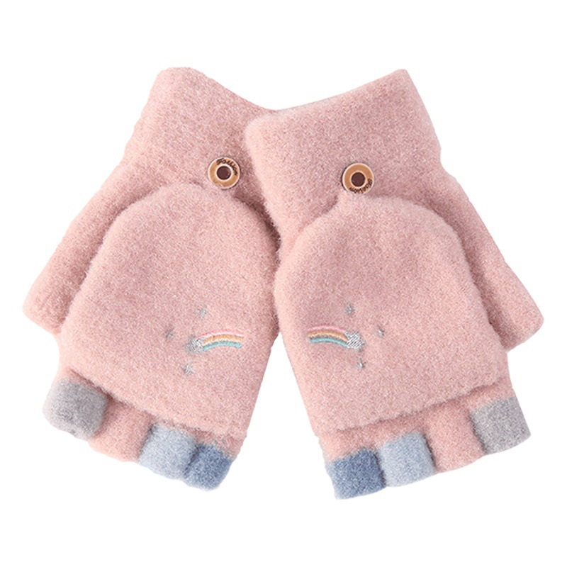 2024 nuevos estudiantes con dedos perdidos, cálidos y lindos bordados, guantes de medio dedo de invierno arcoíris, guantes de punto y flip de terciopelo