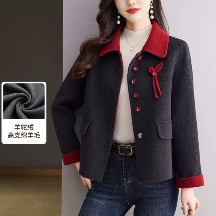 双面羊绒大衣纯色女短款休闲气质显瘦时尚翻领毛呢外套秋冬款批发