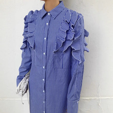 跨境女装韩国东大门春季新款小众设计感拼接荷叶边条纹衬衫连衣裙