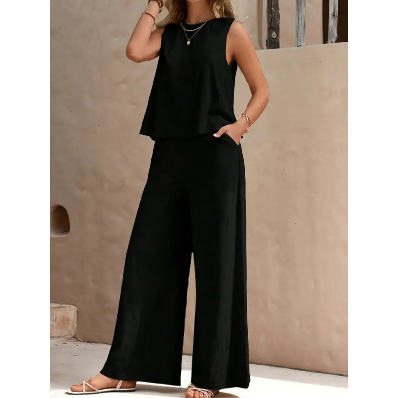 2025 Amazon European and American Cross-Border Popular Solid Color Elegant Two-Piece Round Neck Vest and Wide-Leg Pants Suit for Women