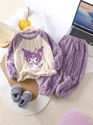 Autumn and winter warm, thick cloud velvet cartoon pajamas set for middle and middle children, male and female children, adult parent-child clothing