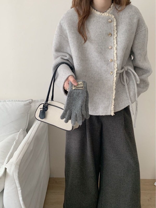 小香风双面羊绒大衣女短2025新蕾丝花边排减龄毛呢外套|undefined