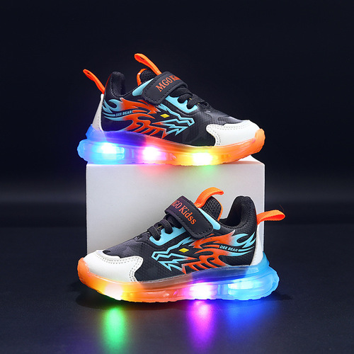 Spring and Autumn New Children's Sports Shoes with Leather Surface and LED Lighting, for Boys Aged 1-6, Sports and Casual Shoes