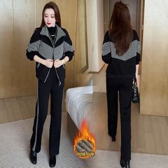 ベルベットはカジュアルなスポーツスーツを厚くして、女性の秋冬のおしゃれな洋風格子立襟カーディガンのワイドパンツ2点セット