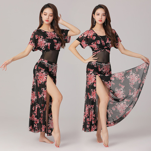 New autumn and winter large size belly dance practice clothes suit mesh oriental dance performance clothes slit skirt