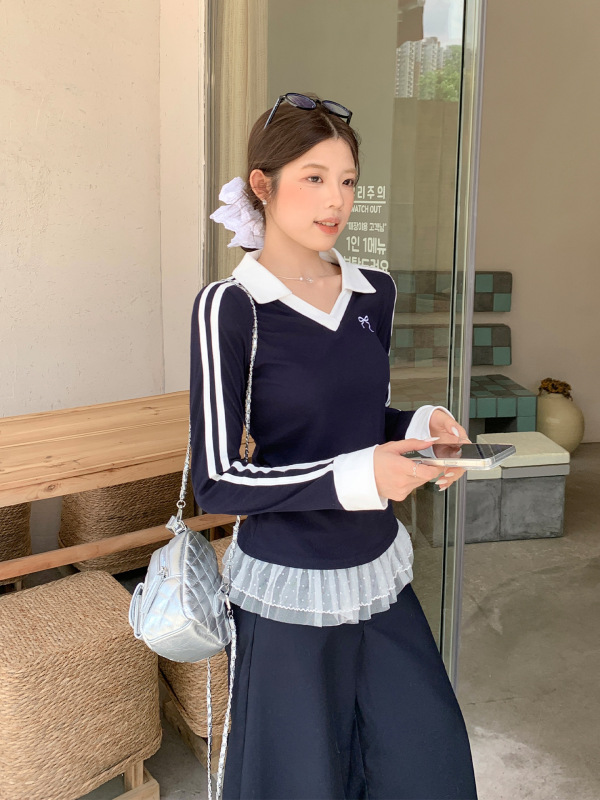 polo翻领条纹撞色长袖T恤女装早秋穿搭条纹杠内搭打底衫修身上衣|undefined